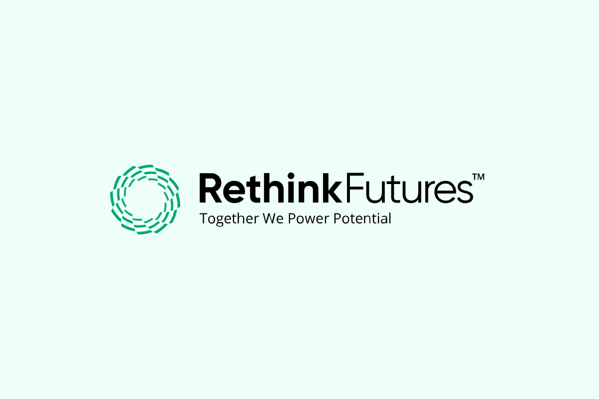 RethinkFutures logo with tagline on light green background